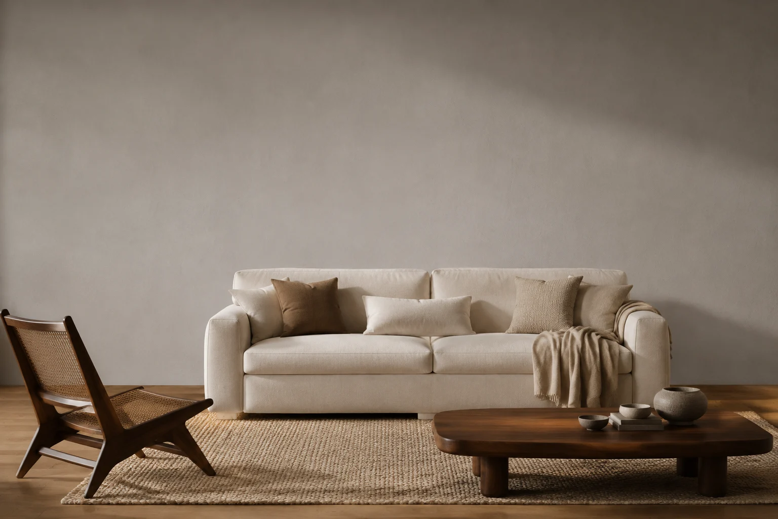 Illustrative interior with a linen sofa, natural woven chair and warm timber table